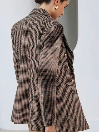 Elegant Coffee Brown Houndstooth Blazer for Women with Notched Lapel Long Sleeve Double Breasted Oversized Style