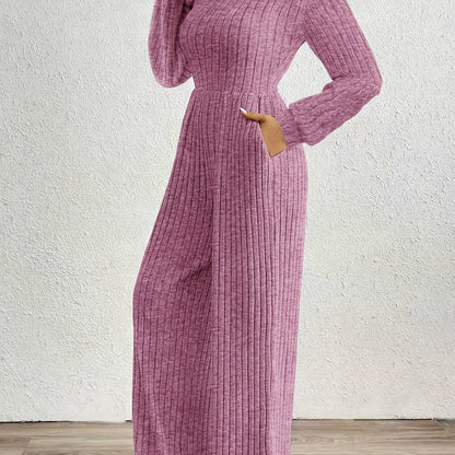 Effortless Ribbed Knit Jumpsuit for Women with Mock Neck Long Sleeve Wide Leg Relaxed Style