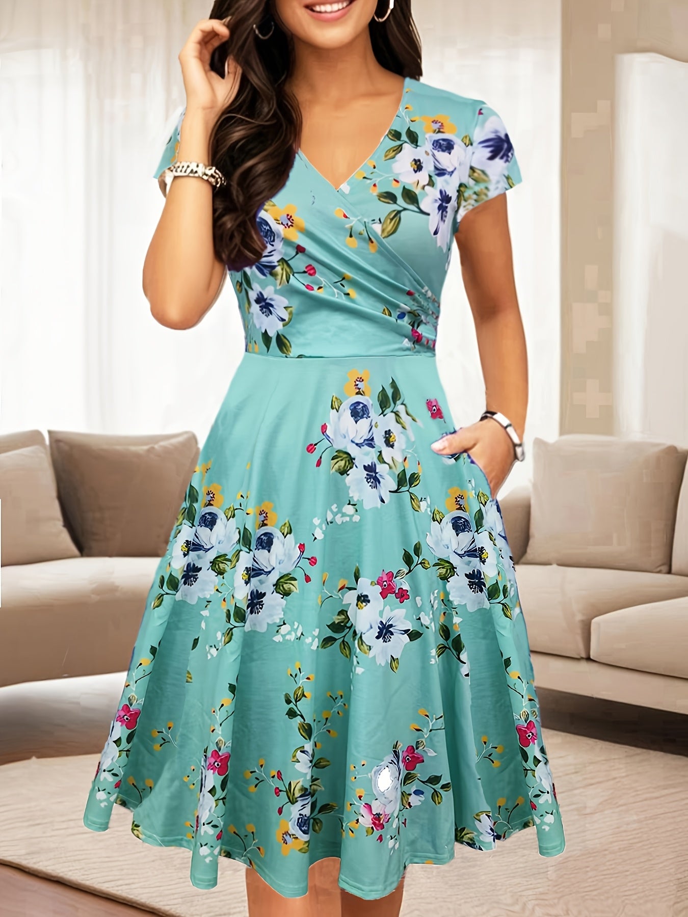 Elegant Floral Midi Dress for Women with V Neck Short Sleeve Wrap Fit and Flare Style