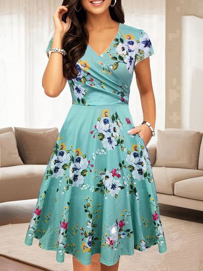 Elegant Floral Midi Dress for Women with V Neck Short Sleeve Wrap Fit and Flare Style
