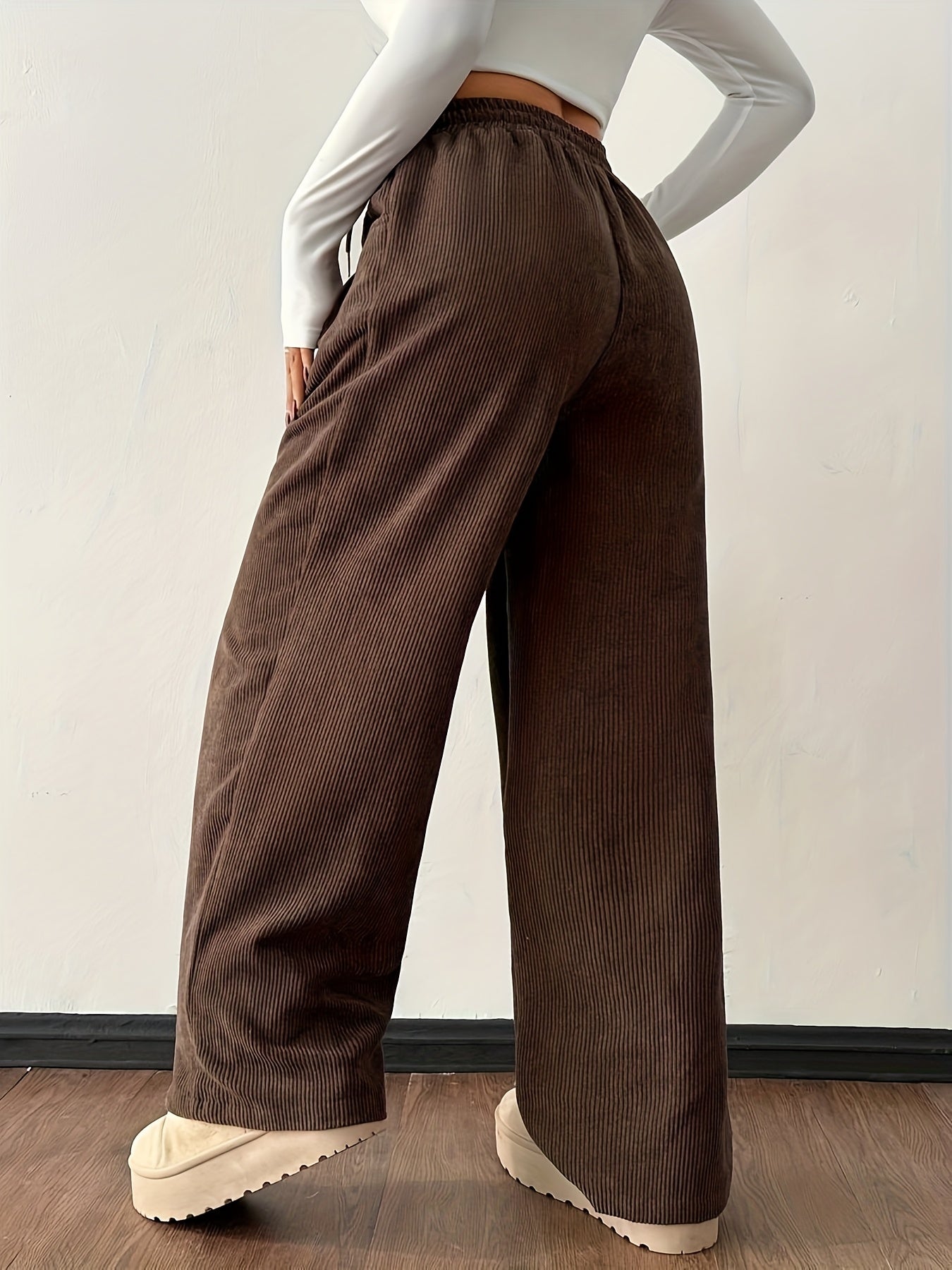 Effortless Dark Brown Corduroy Wide Leg Pants for Women with High Waist Drawstring Relaxed Casual Style