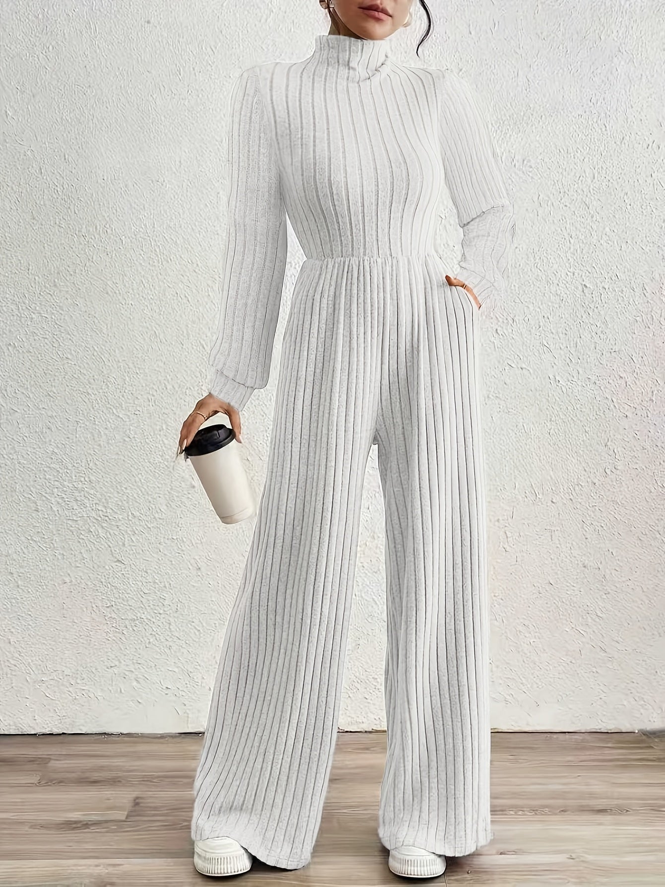 Effortless Ribbed Knit Jumpsuit for Women with Mock Neck Long Sleeve Wide Leg Relaxed Style