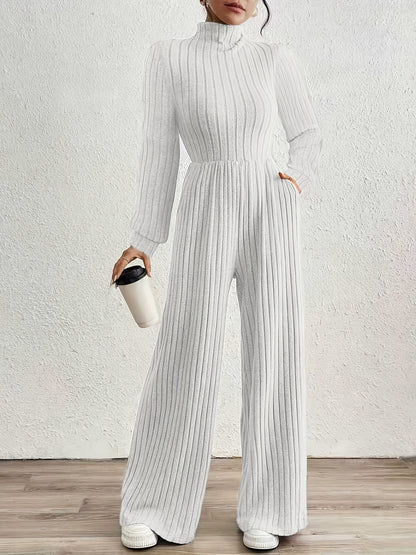 Effortless Ribbed Knit Jumpsuit for Women with Mock Neck Long Sleeve Wide Leg Relaxed Style