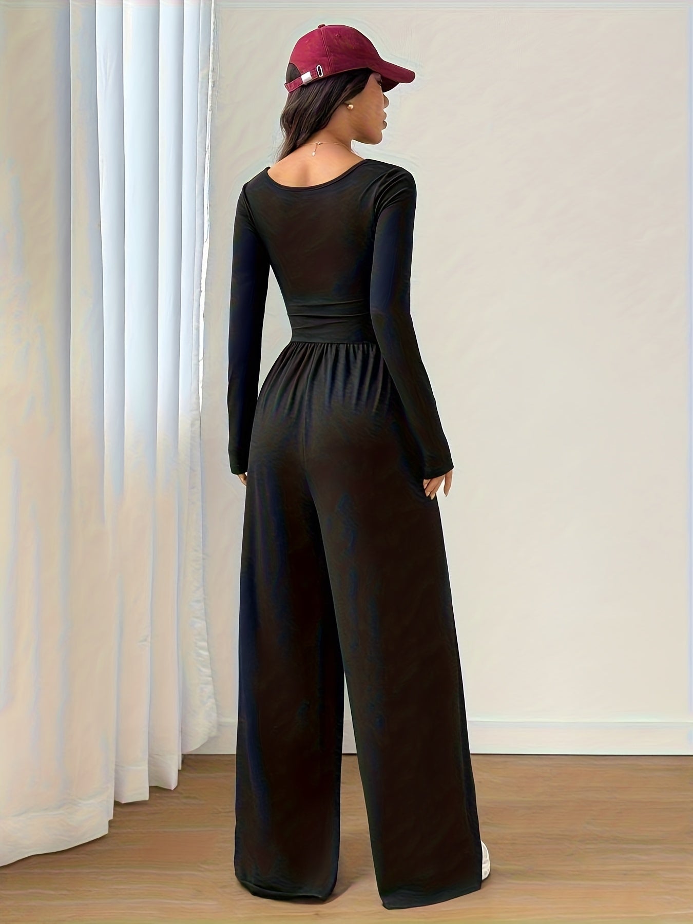 Elegant Black Jumpsuit for Women with Square Neck Long Sleeve Ruched Wide Leg Style