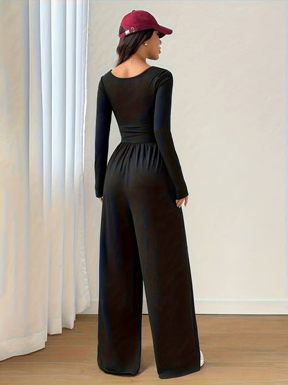 Elegant Black Jumpsuit for Women with Square Neck Long Sleeve Ruched Wide Leg Style