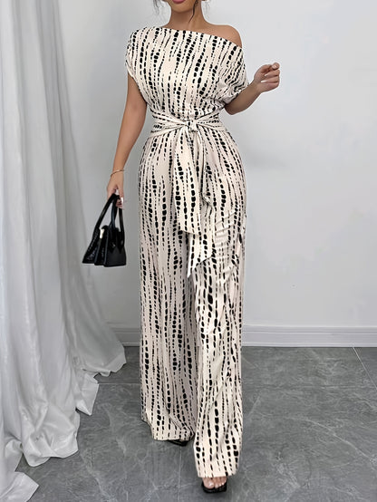 Elegant Apricot Abstract Print Jumpsuit for Women with One Shoulder Short Sleeve Wide Leg Tie Waist Style