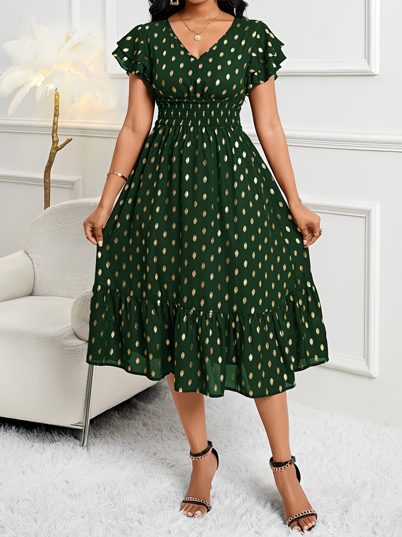 Elegant Polka Dot Midi Dress for Women with V Neck Flutter Sleeve Smocked Waist Ruffle Hem Style