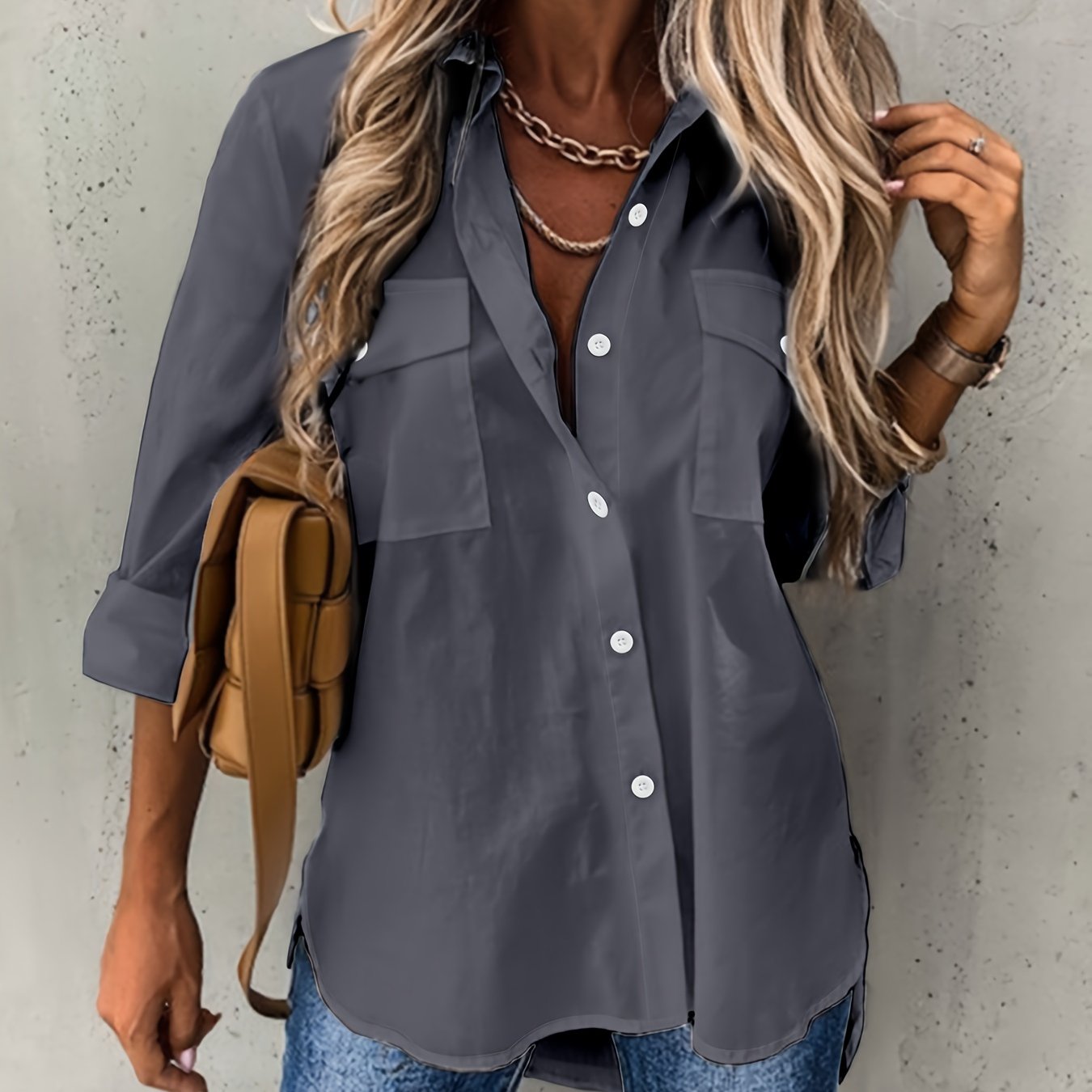 Effortless Utility Blouse for Women with Collar Long Sleeve Button Front Casual Style