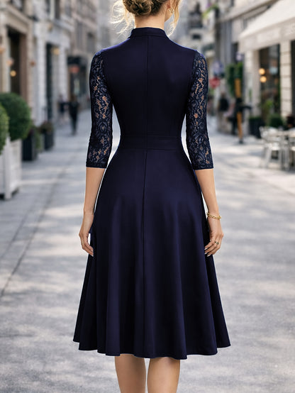 Elegant Lace Midi Dress for Women with Notch Neck Three Quarter Sleeve Fit and Flare Cocktail Style