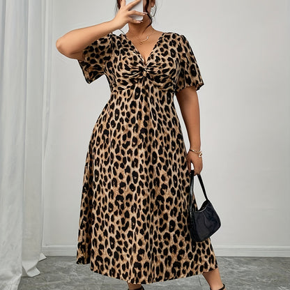 Elegant Leopard Print Midi Dress for Women with V Neck Flutter Sleeve Twist Front Flowing Style