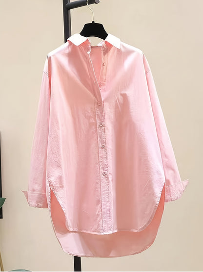 Effortless Cotton Blouse for Women with Collar Long Sleeve High Low Relaxed Oversized Style