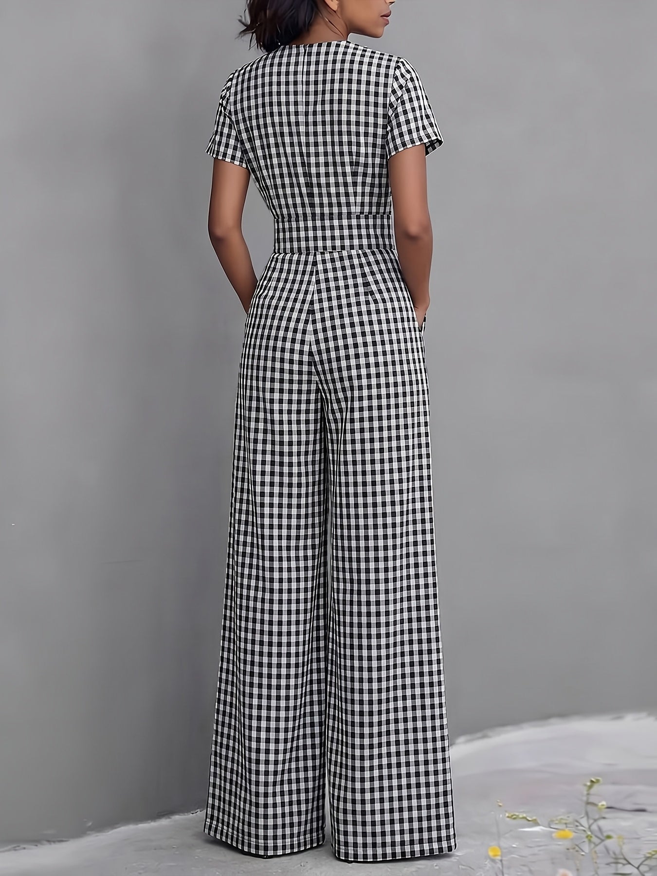 Effortless Gingham Wide Leg Jumpsuit for Women with V Neck Short Sleeve Fitted Waist Pocket Style