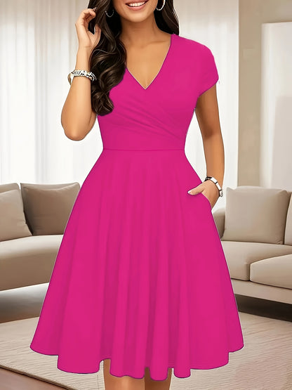 Elegant Wrap Midi Dress for Women with V Neck Cap Sleeve Fit and Flare Cocktail Style