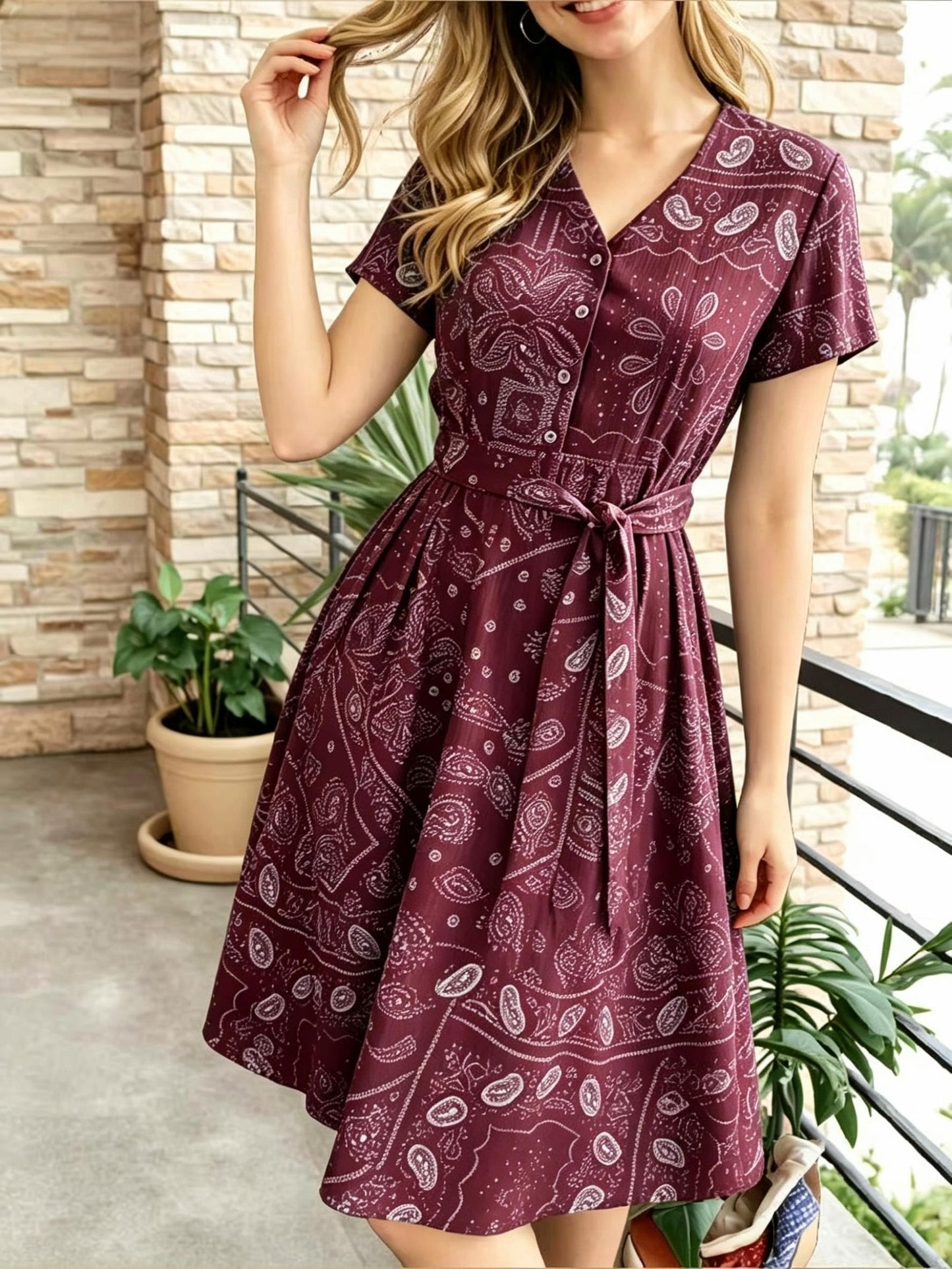 Elegant Paisley Print Shirt Dress for Women with V Neck Short Sleeve Belted Fit and Flare Style