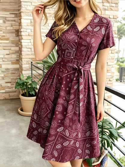 Elegant Paisley Print Shirt Dress for Women with V Neck Short Sleeve Belted Fit and Flare Style