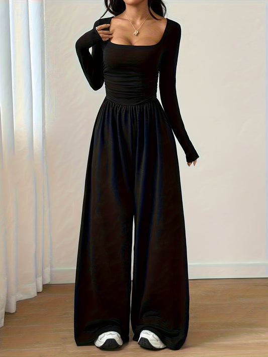 Elegant Black Jumpsuit for Women with Square Neck Long Sleeve Ruched Wide Leg Style