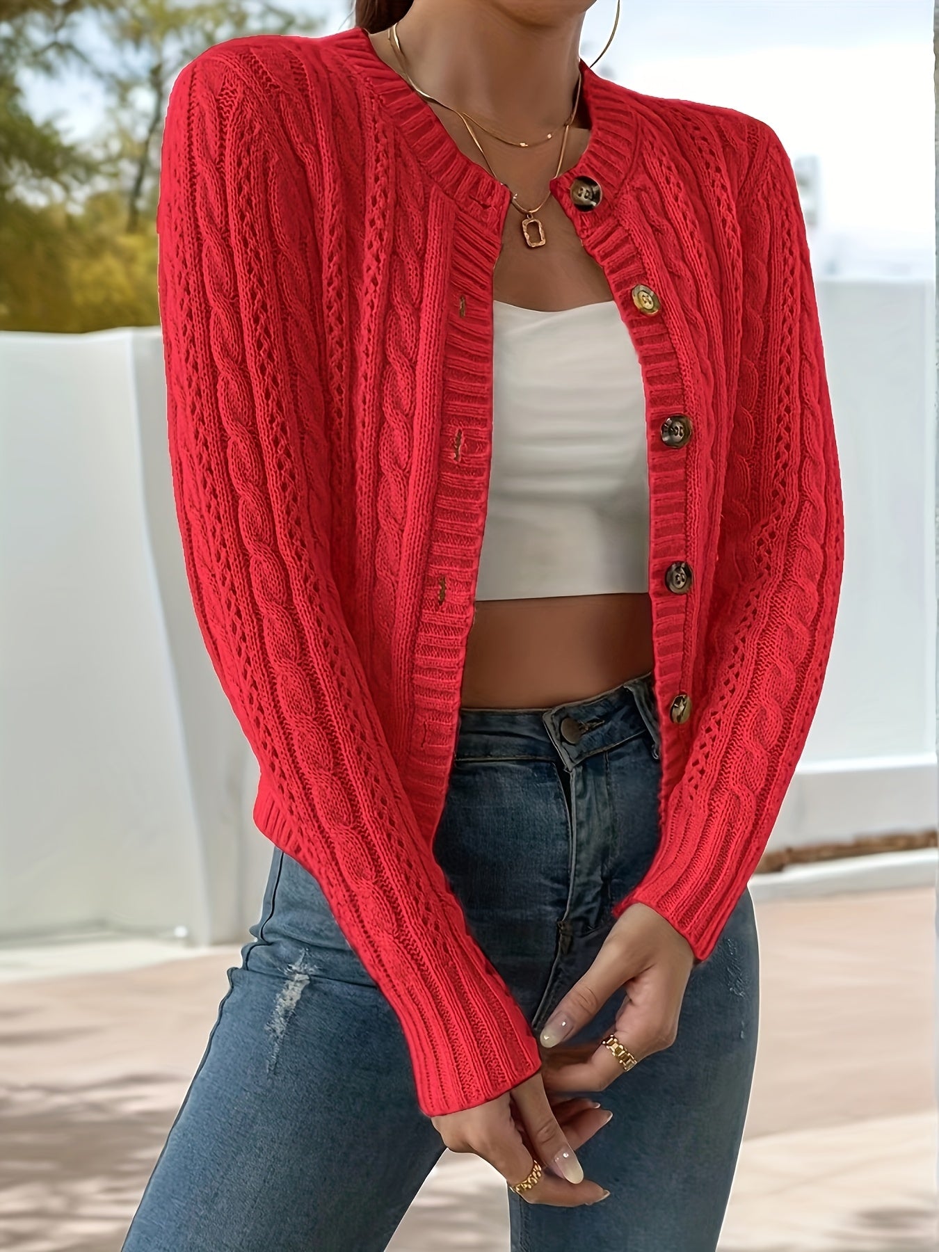 Comfortable Cable Knit Cardigan for Women with Crew Neck Long Sleeve Button Front Cropped Casual Style