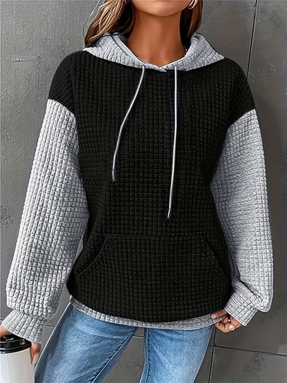 Women's Casual Waffle- Color-Block Hooded Sweatshirt - Relaxed Fit Long Sleeve Pullover with Drawstring Hood, Machine Washable Autumn Winter Fashion Top, Cute Sweatshirts, Autumn Apparel, Soft Fabric, Everyday Outfit, Waffle Design, Breathable Material, C