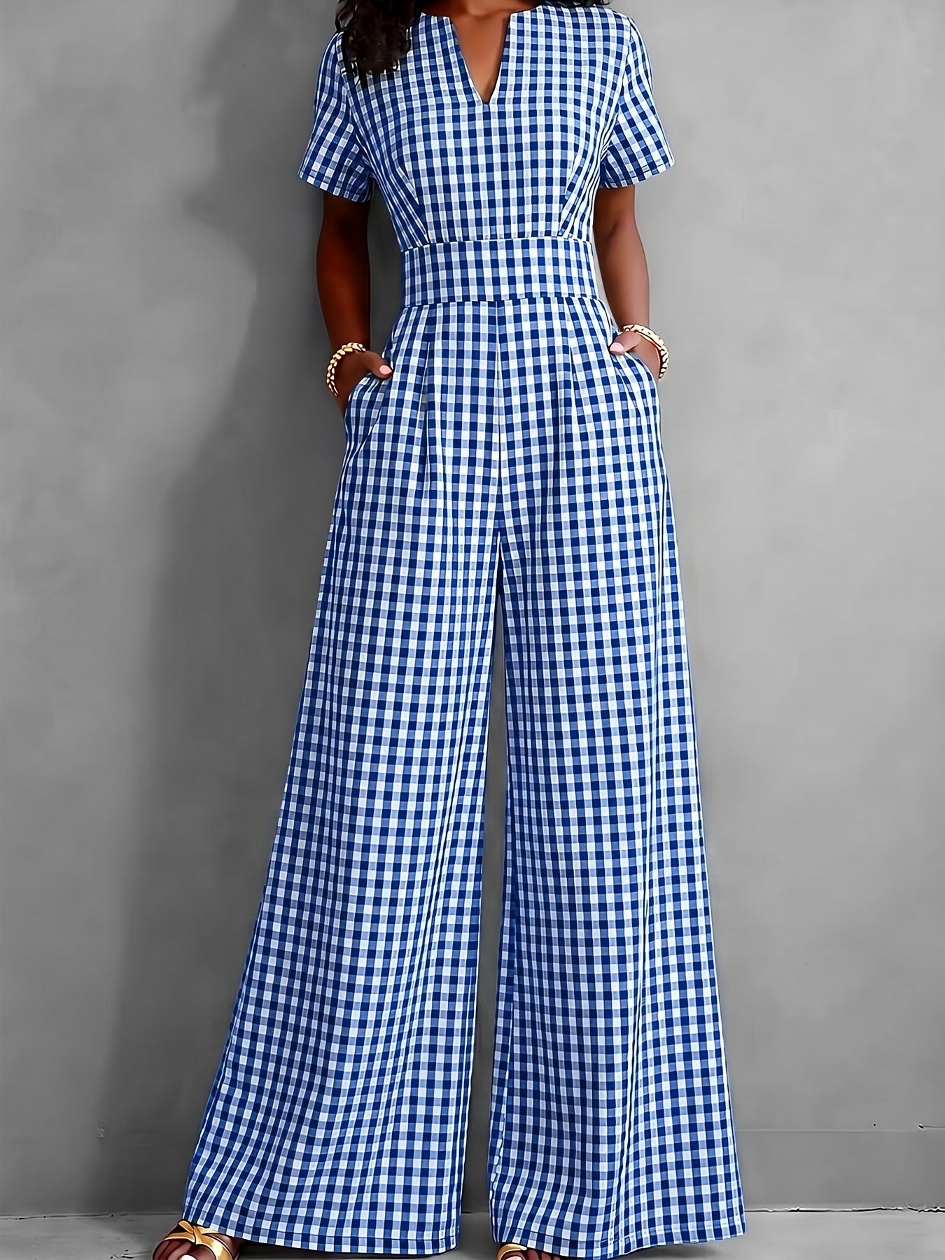 Effortless Gingham Wide Leg Jumpsuit for Women with V Neck Short Sleeve Fitted Waist Pocket Style