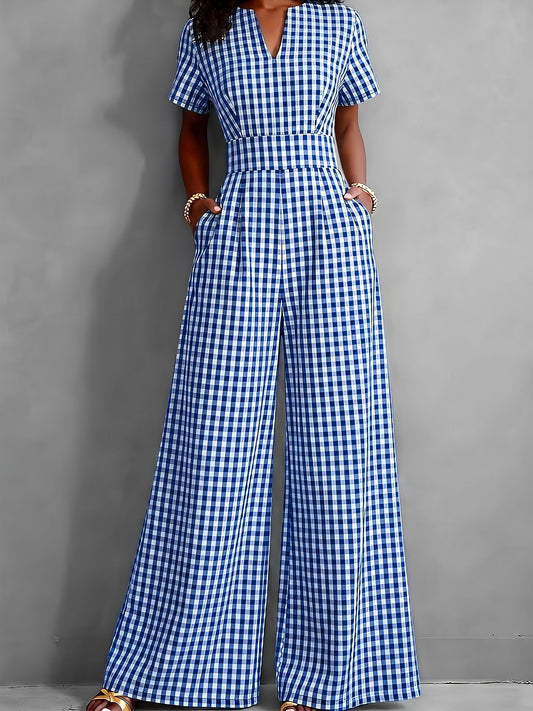 Effortless Gingham Wide Leg Jumpsuit for Women with V Neck Short Sleeve Fitted Waist Pocket Style