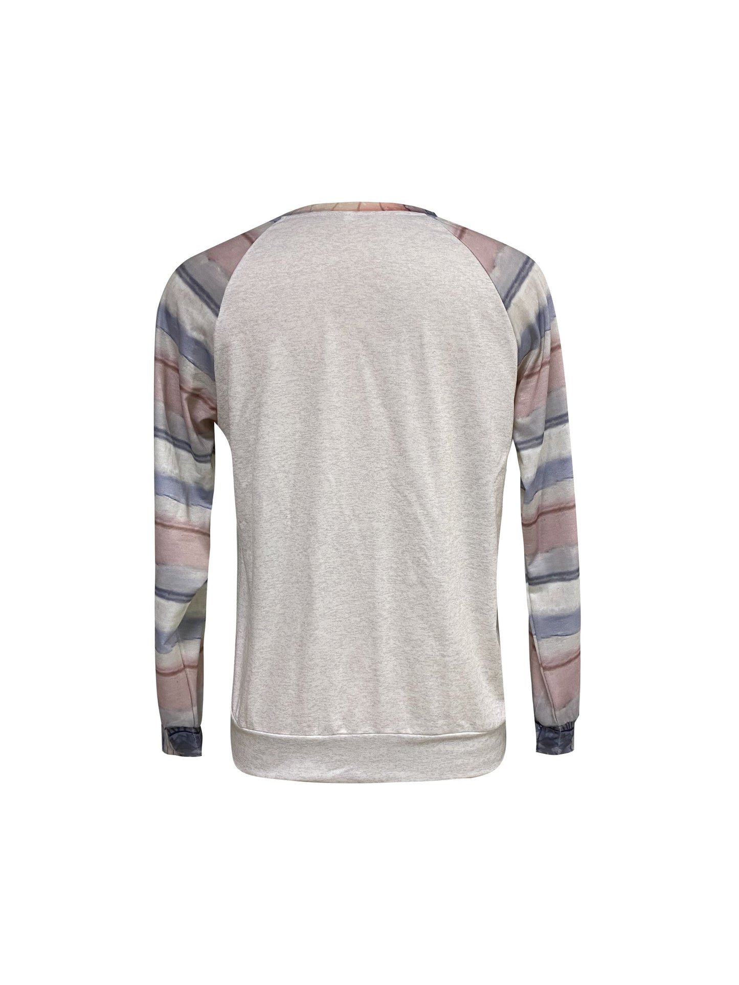 Comfortable Apricot Cat Print Sweatshirt for Women with Crew Neck Long Sleeve Striped Raglan Casual Style