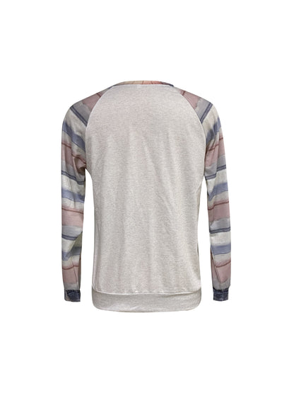 Comfortable Apricot Cat Print Sweatshirt for Women with Crew Neck Long Sleeve Striped Raglan Casual Style