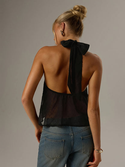 Elegant Black Swiss Dot Halter Top for Women with Sleeveless Sheer Tie Back Cropped Style