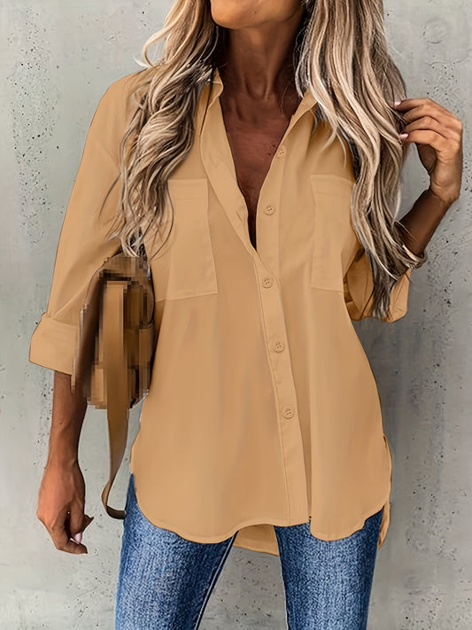 Effortless Button Front Blouse for Women with Collar Long Sleeve Chest Pocket Relaxed Style