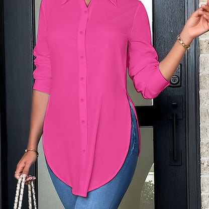 Effortless Longline Tunic Blouse for Women with Collar Long Sleeve High Low Hem Relaxed Style