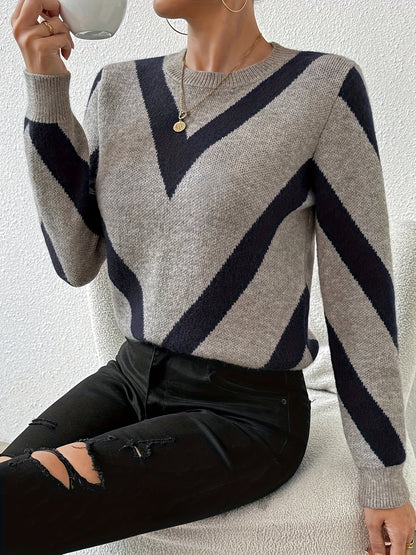 Comfortable Coffee Brown Chevron Sweater for Women with Crew Neck Long Sleeve Relaxed Oversized Knit Style