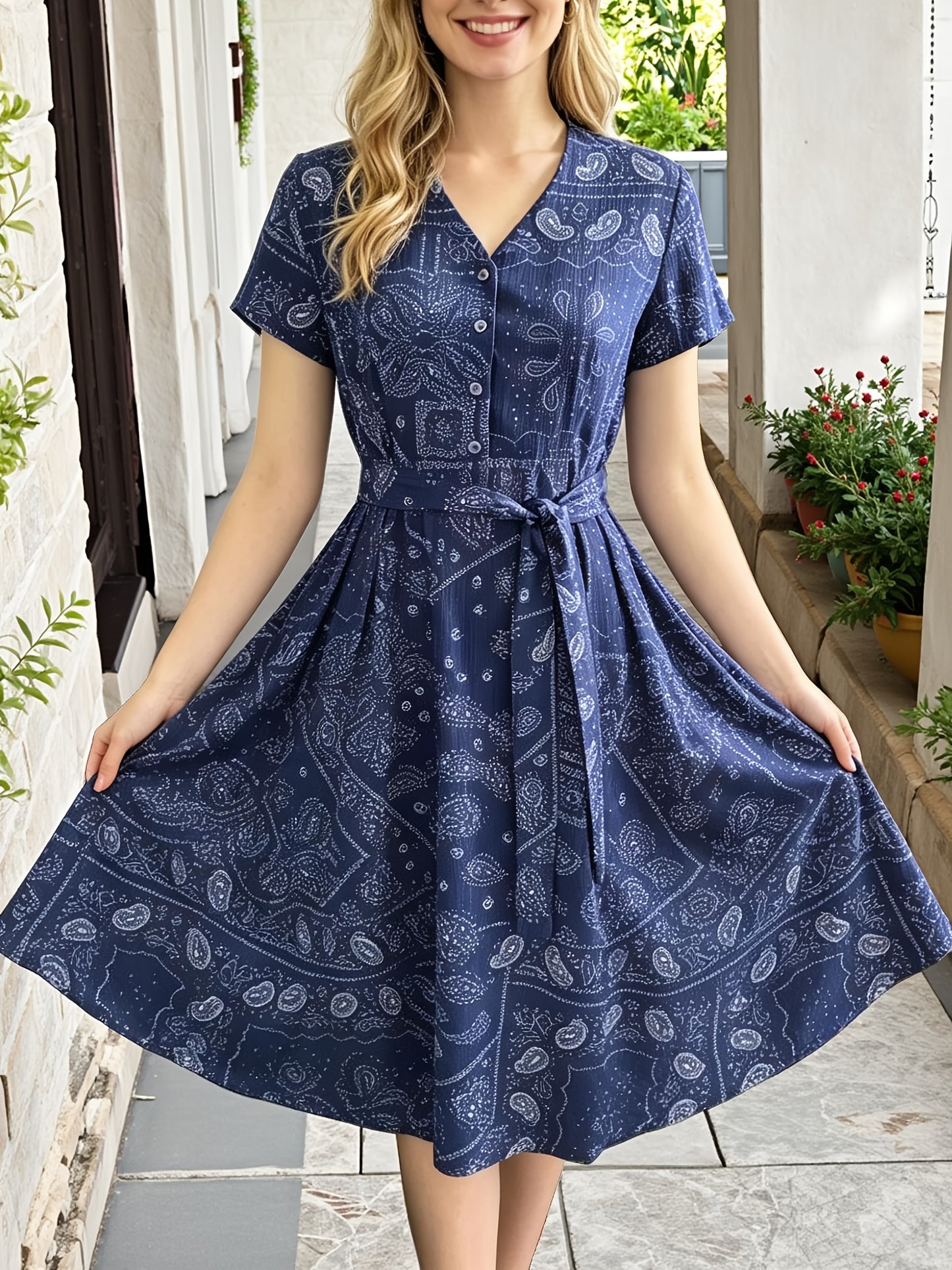 Elegant Paisley Print Shirt Dress for Women with V Neck Short Sleeve Belted Fit and Flare Style