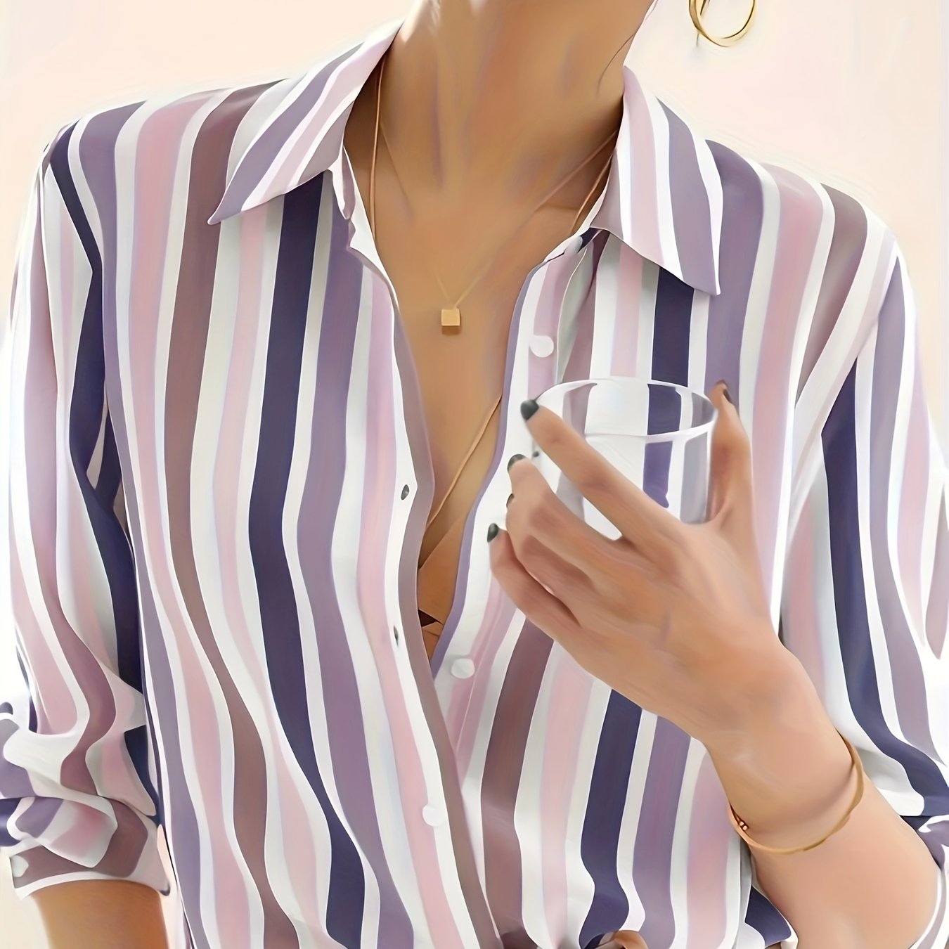 Elegant Striped Chiffon Blouse for Women with Collar Long Sleeve Button Front Relaxed Flowing Style