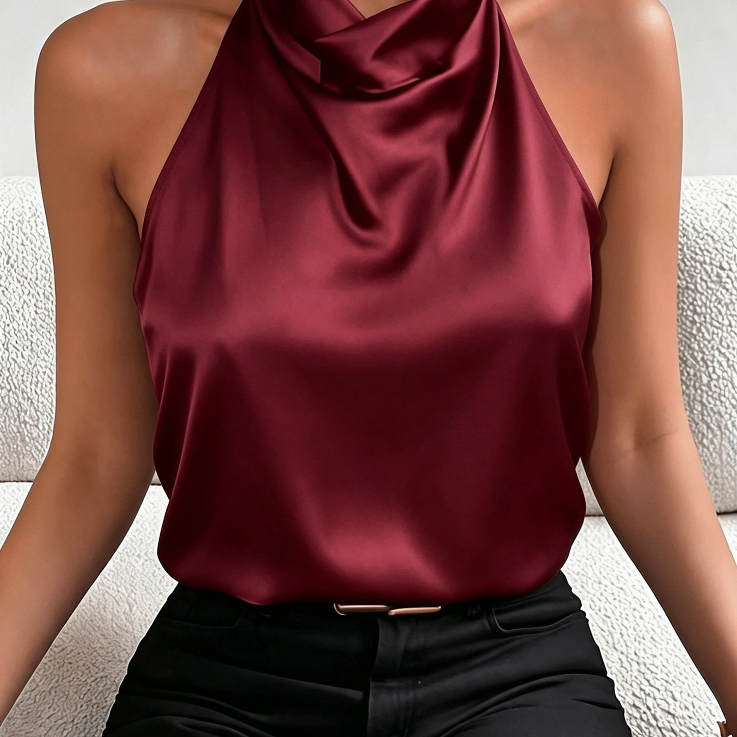 Elegant Satin Halter Top for Women with Cowl Neck Sleeveless Draped Silky Style