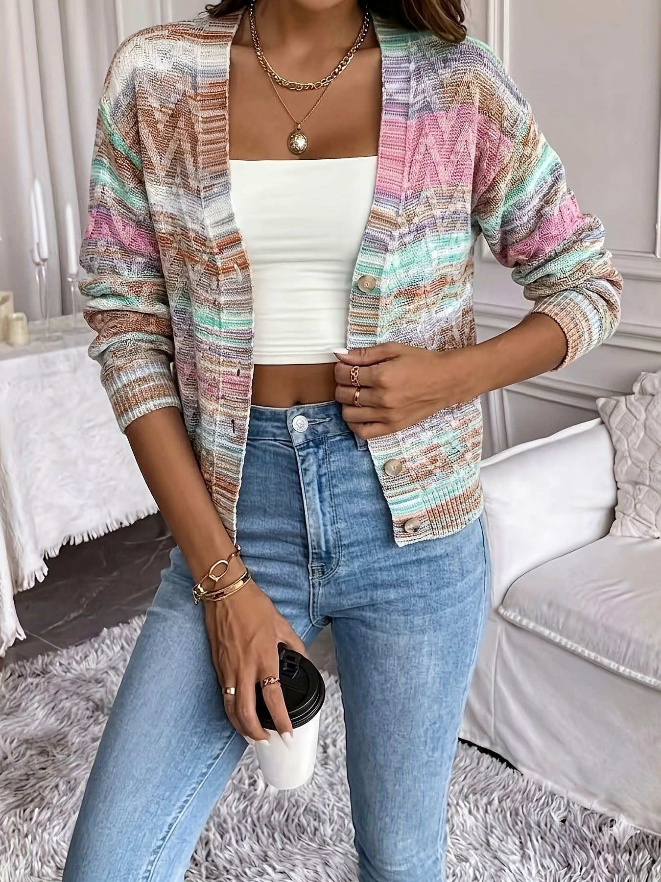 Comfortable Space Dye Cardigan Sweater for Women with V Neck Long Sleeve Button Front Relaxed Knit Style