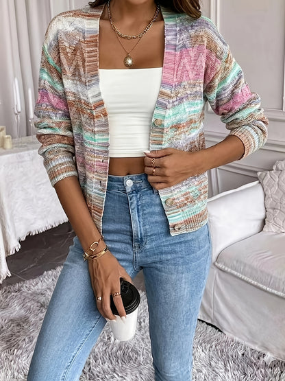 Comfortable Space Dye Cardigan Sweater for Women with V Neck Long Sleeve Button Front Relaxed Knit Style