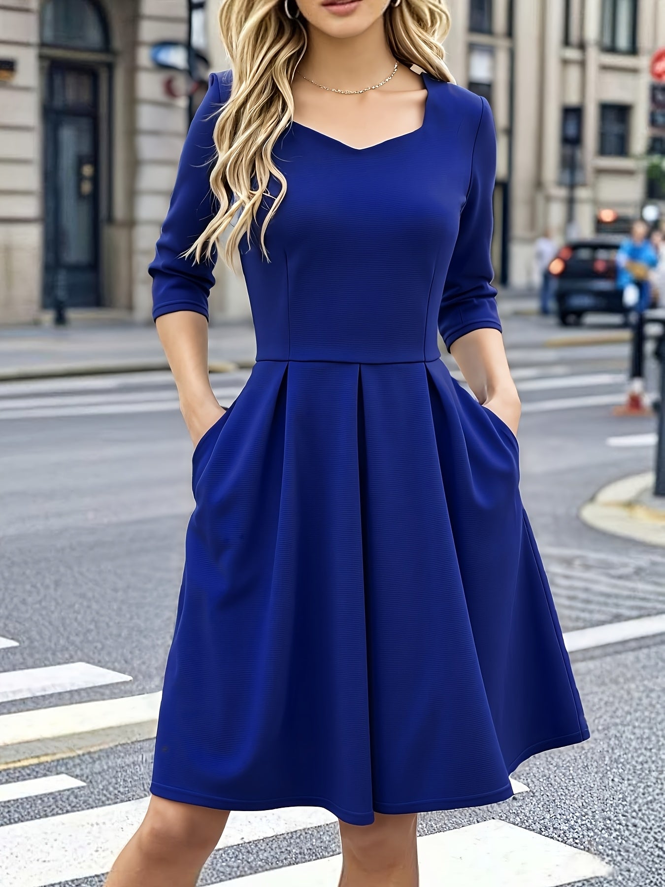 Elegant Royal Blue Midi Dress for Women with Sweetheart Neck Elbow Sleeve Pleated Fit and Flare Style