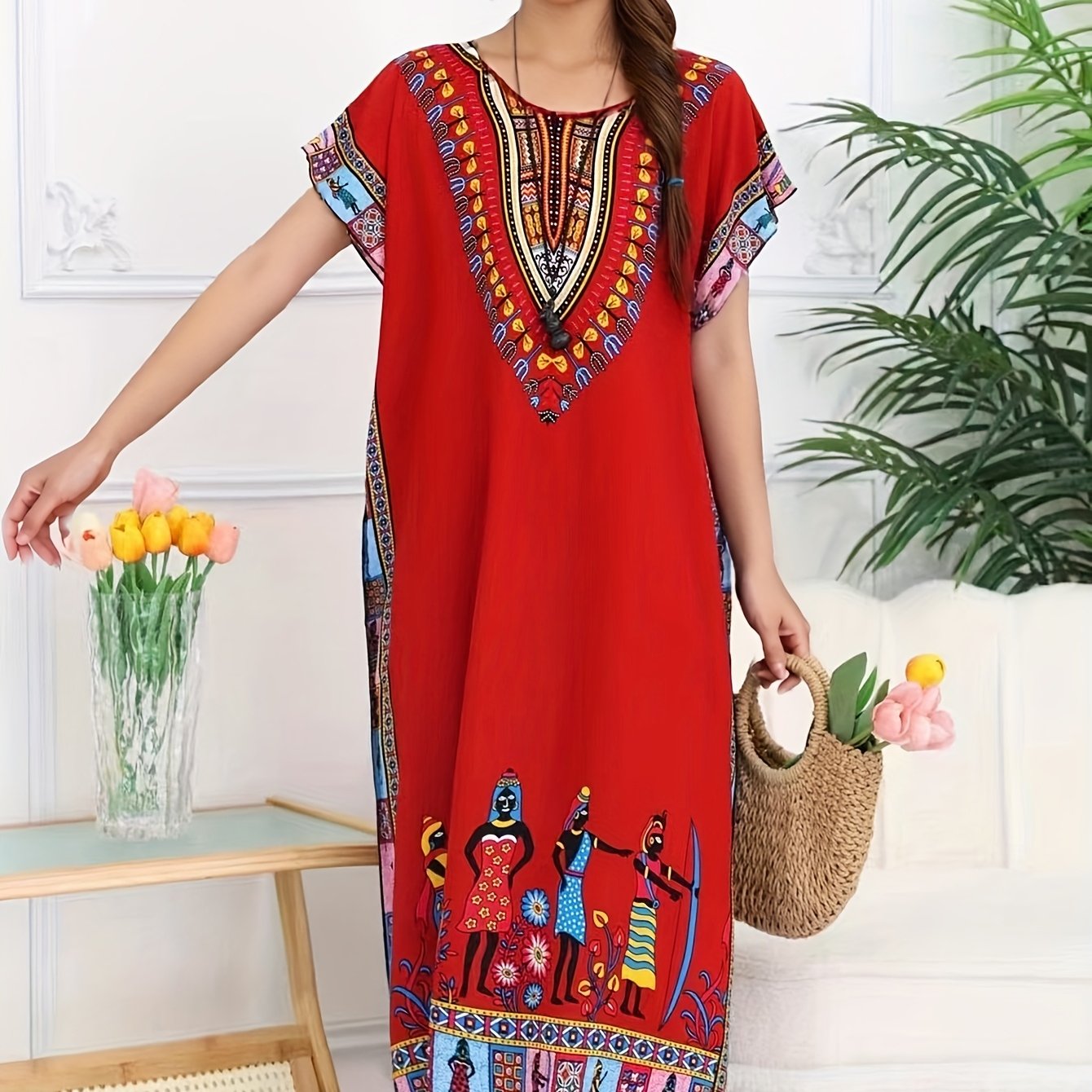 Effortless Tribal Print Kaftan Dress for Women with V Neck Short Sleeve Embroidered Flowing Bohemian Style