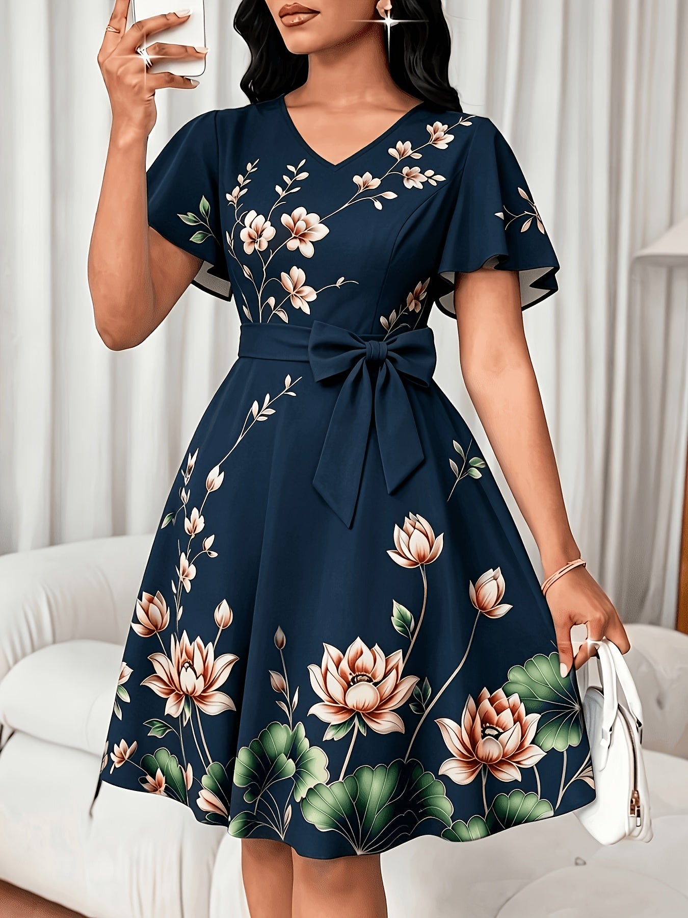 Elegant Floral Midi Dress for Women with V Neck Flutter Sleeve Bow Belt Flowing Style
