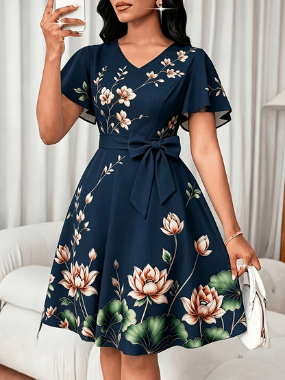 Elegant Floral Midi Dress for Women with V Neck Flutter Sleeve Bow Belt Flowing Style