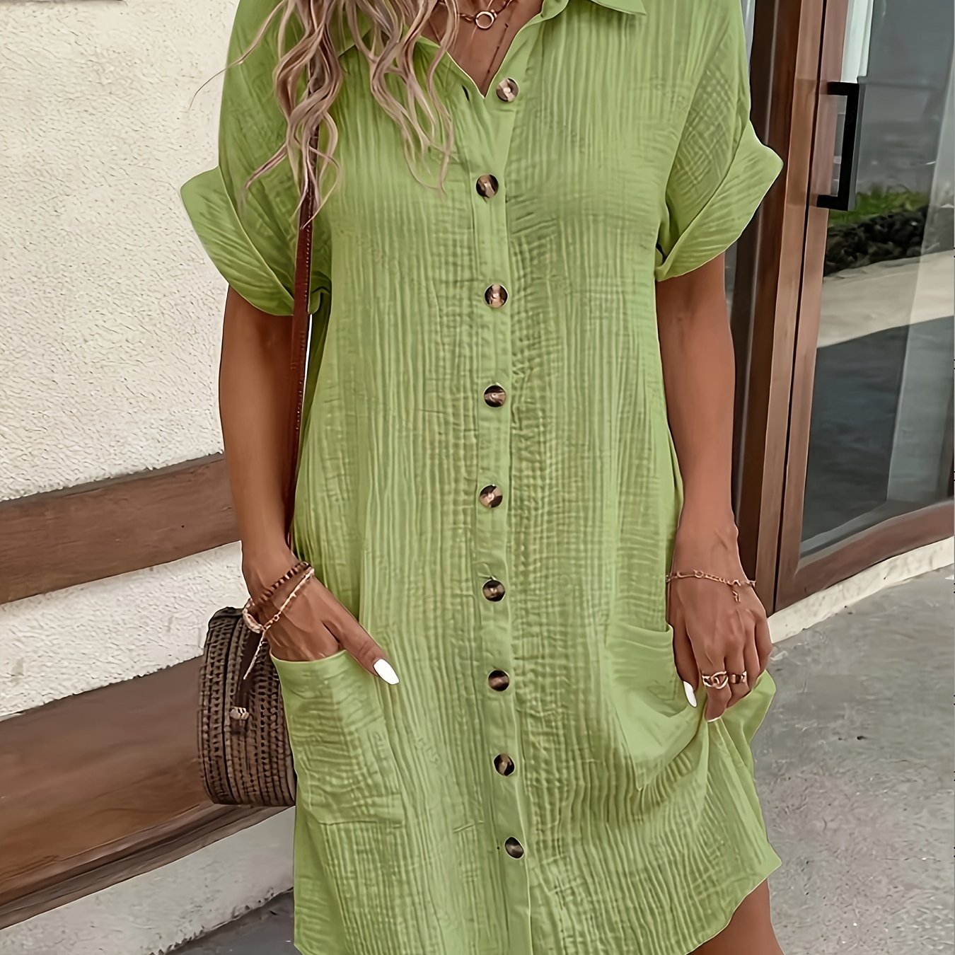 Effortless Textured Cotton Shirt Dress for Women with Collar Short Sleeve Button Front Relaxed Style