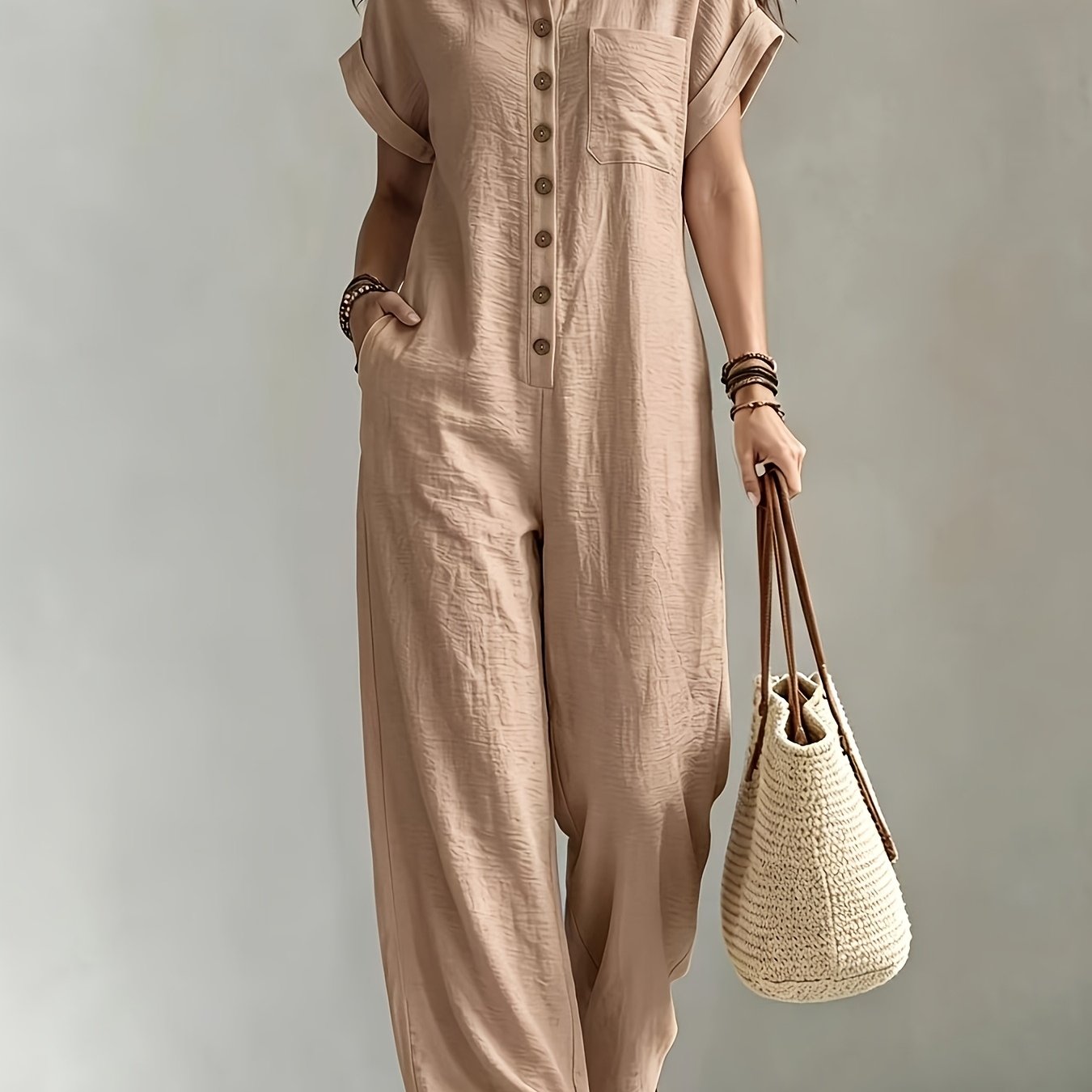 Effortless Linen Jumpsuit for Women with Collar Short Sleeve Button Front Wide Leg Casual Style