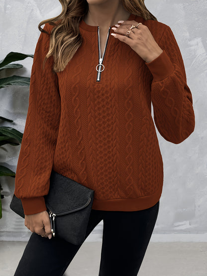Comfortable Cable Knit Sweater for Women with Zip Crew Neck Long Sleeve Textured Relaxed Style