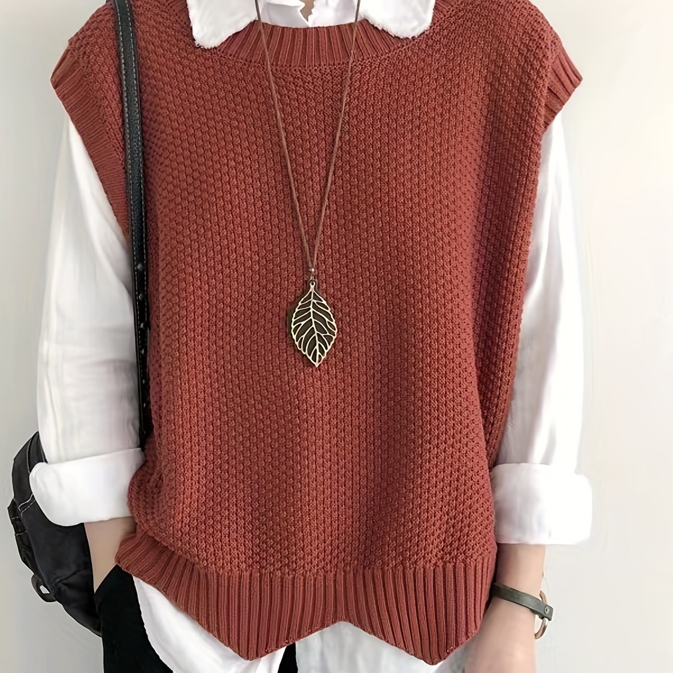 Comfortable Chunky Knit Sweater Vest for Women with Crew Neck Sleeveless Ribbed Trim Oversized Style