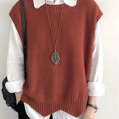 Comfortable Chunky Knit Sweater Vest for Women with Crew Neck Sleeveless Ribbed Trim Oversized Style