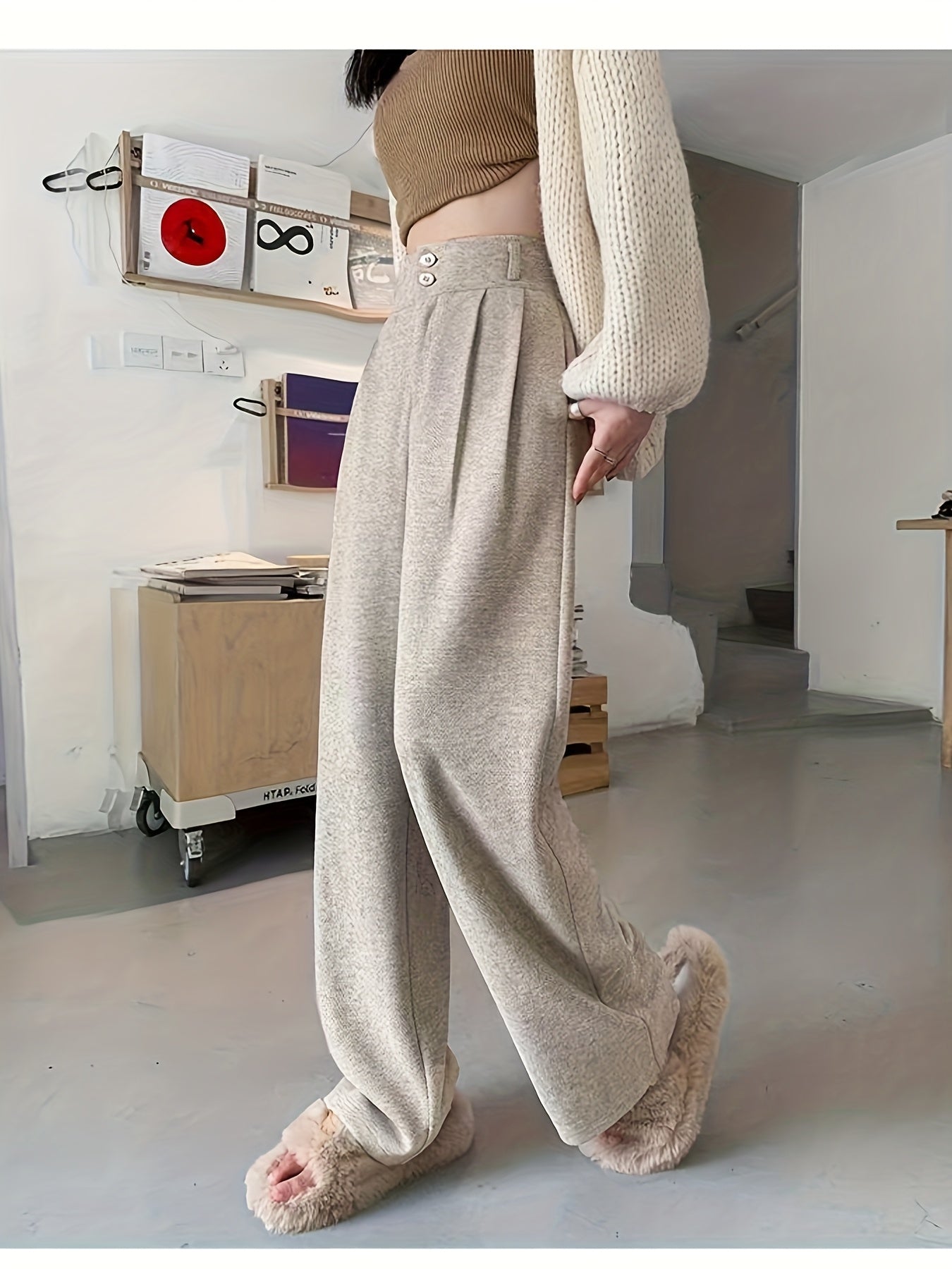 Effortless Herringbone Wide Leg Pants for Women with High Waist Button Front Pleated Tailored Style