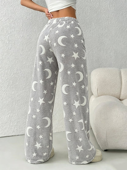 Comfortable Star Moon Print Fleece Pajama Pants for Women with High Waist Drawstring Wide Leg Cozy Style
