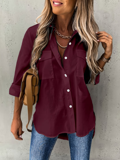 Effortless Utility Blouse for Women with Collar Long Sleeve Button Front Casual Style
