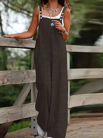 Effortless Linen Wide Leg Jumpsuit for Women with Square Neck Sleeveless Button Front Relaxed Casual Style