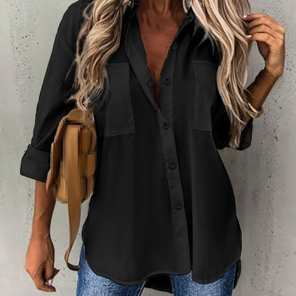 Effortless Button Front Blouse for Women with Collar Long Sleeve Chest Pocket Relaxed Style