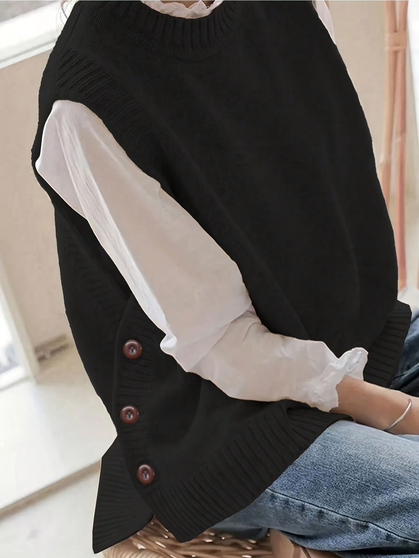 Comfortable Knit Sweater Vest for Women with Mock Neck Sleeveless Side Button Relaxed Style
